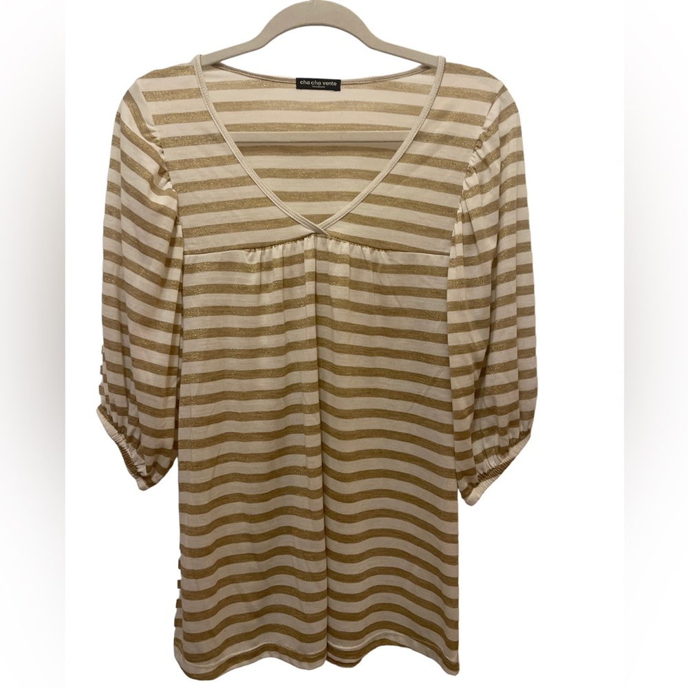 Cha Cha Vente Sparkly Gold and White Stripe Top Size M